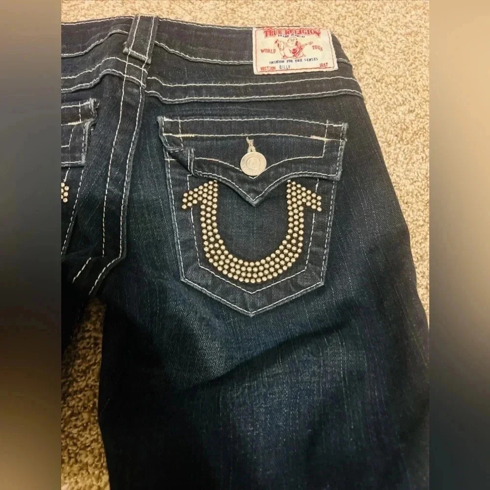 True Religion Womens Billy Big T Jeans Sz 25 Dark Blue Wash white stitch flap - Picture 3 of 7